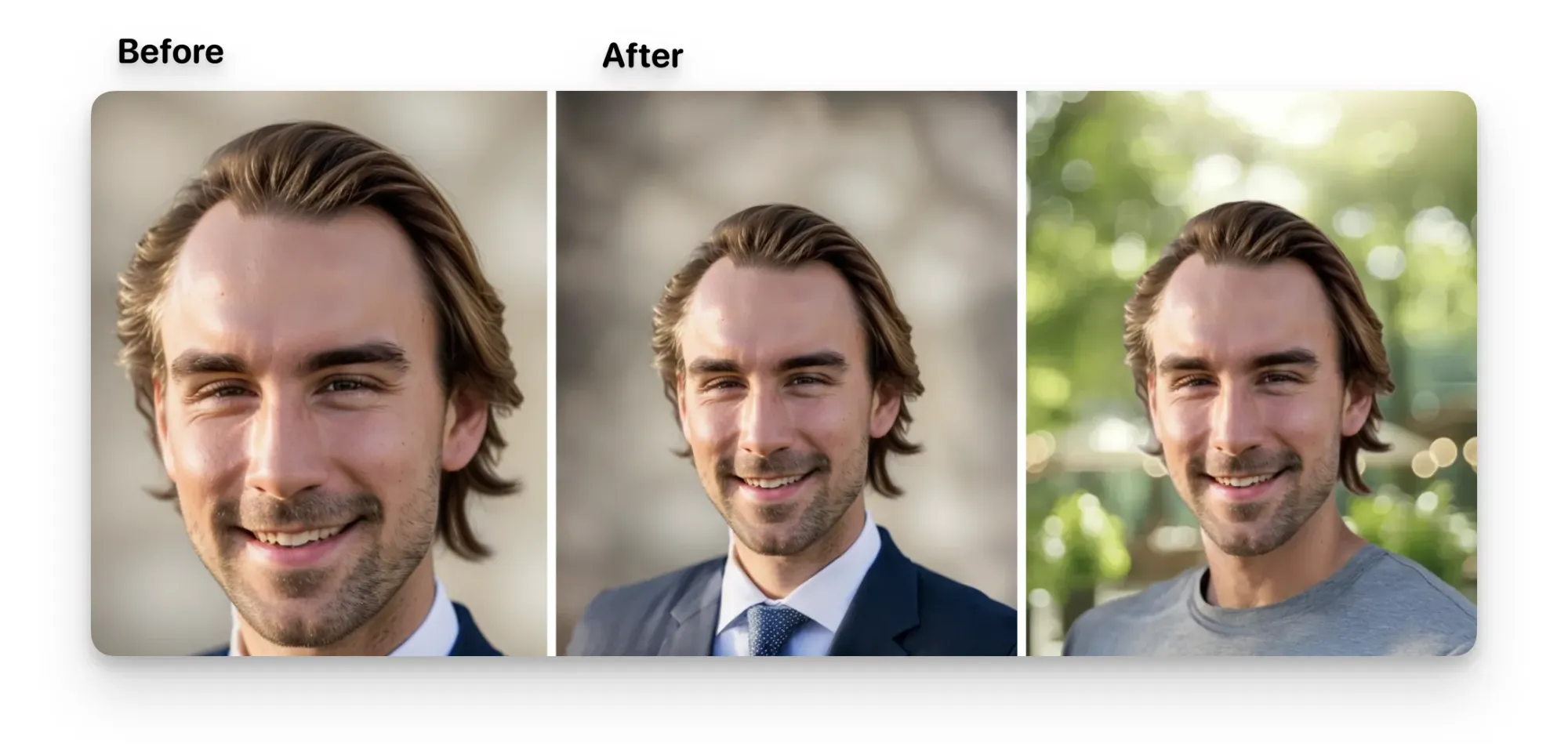 On the left we see the AI headshot that was generated first. On the right, that AI portrait has been zoomed out with AI Zoom Out. The photo next to it has also done an AI Background Change and AI Outfit Change for the final result.