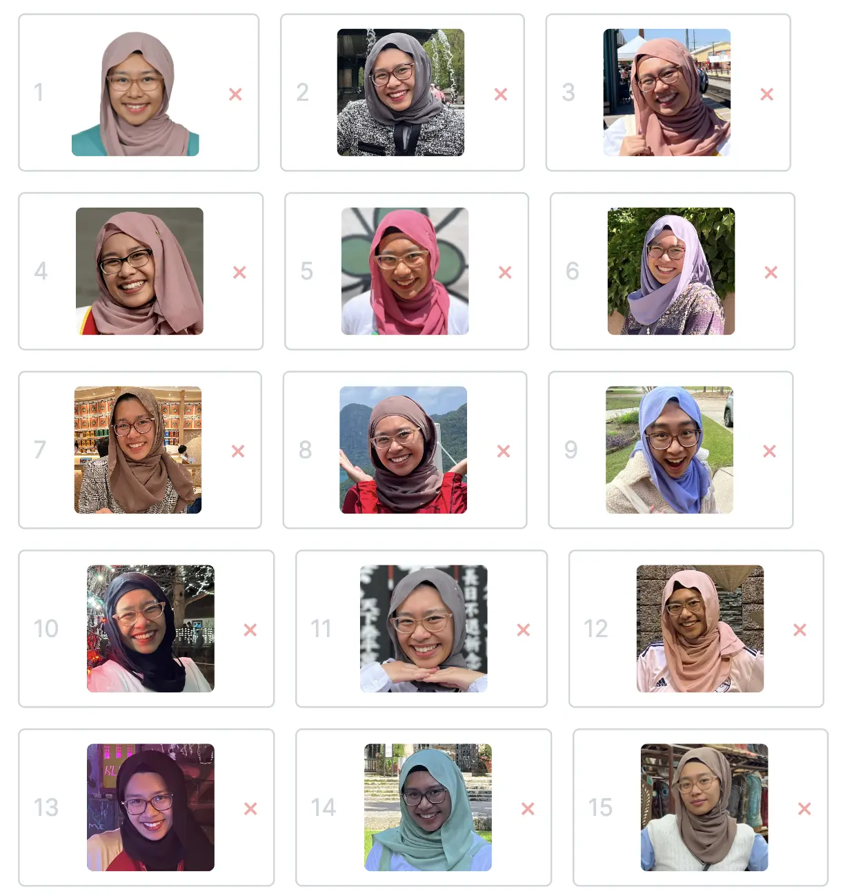 15 input images of the user in different outfits and settings.