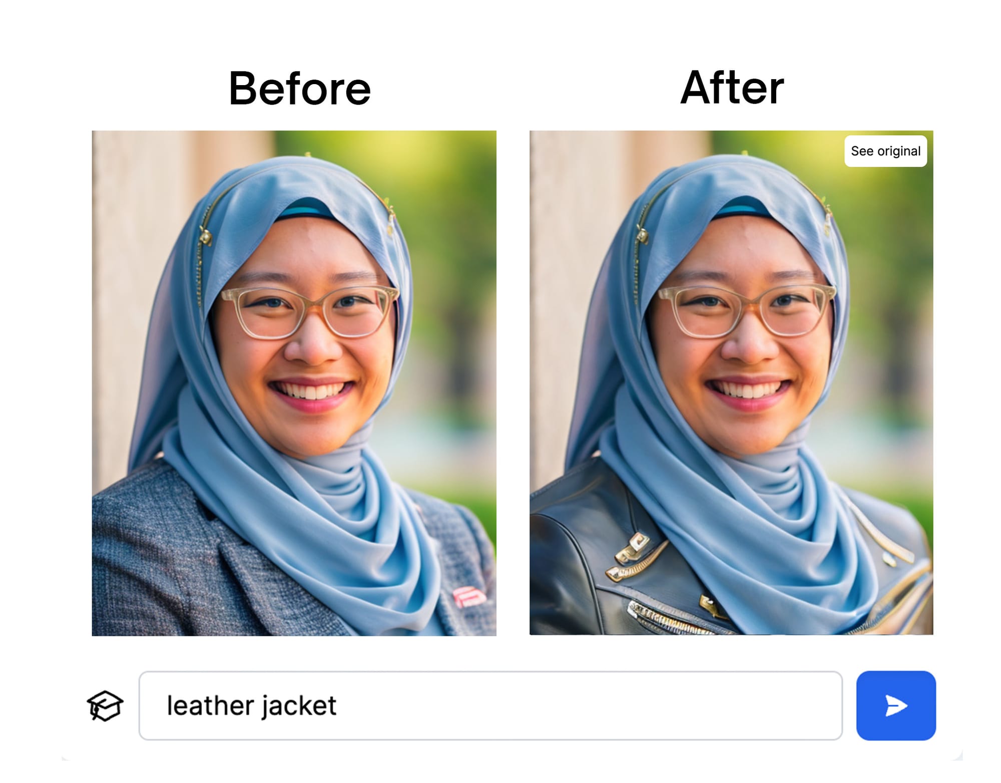 Two AI-generated images side by side, with a prompt to change the blazer in the first image into a leather jacket.
