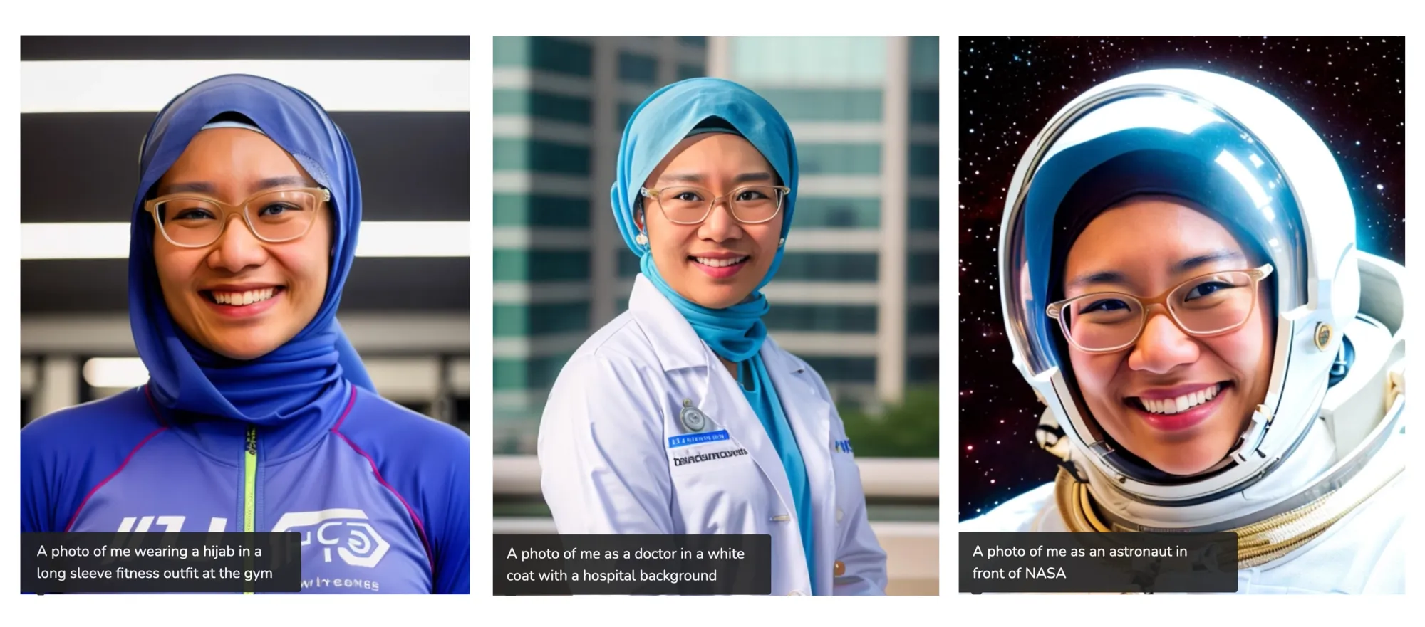 Three photos of the user along with the custom prompts, depicting her as a fitness trainer, doctor, and an astronaut.