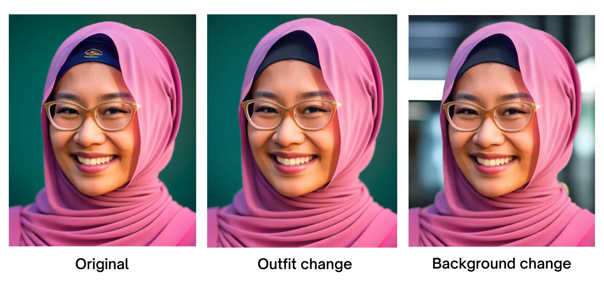 Three AI-generated photos showing the changes that can be made using the change outfit and change background features.