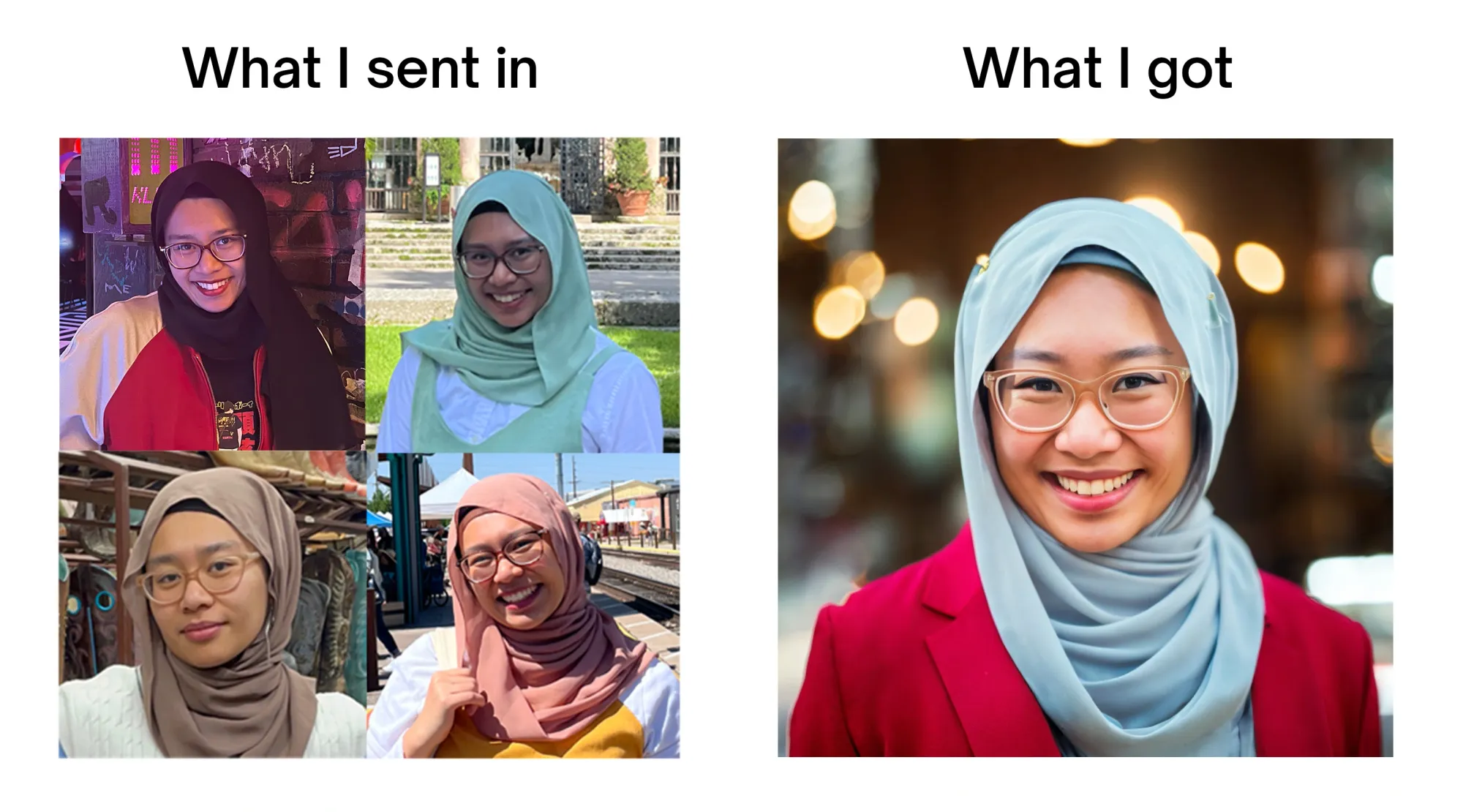 Photos I uploaded (left) versus an AI-generated headshot (right).