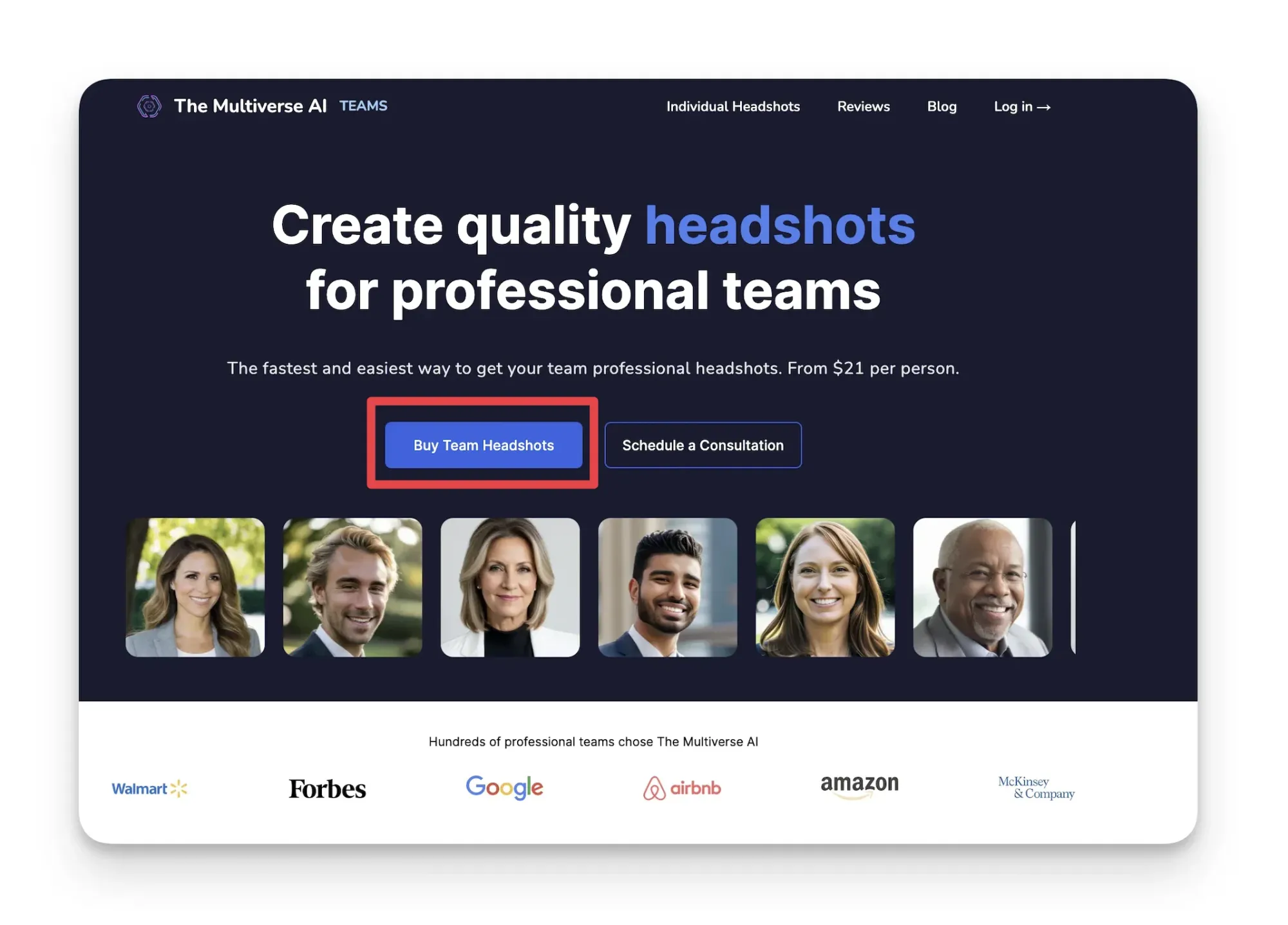 Click on "buy team headshots" on AI headshot generator The Multiverse AI for Teams