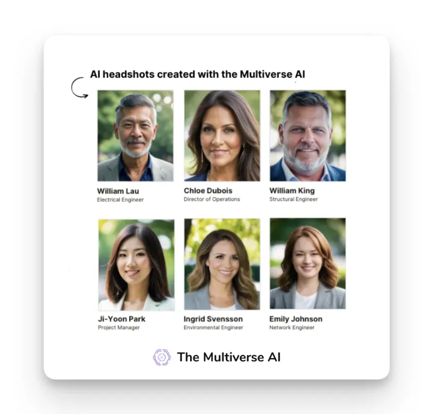 Corporate headshots for teams created with AI headshot generator the Multiverse AI