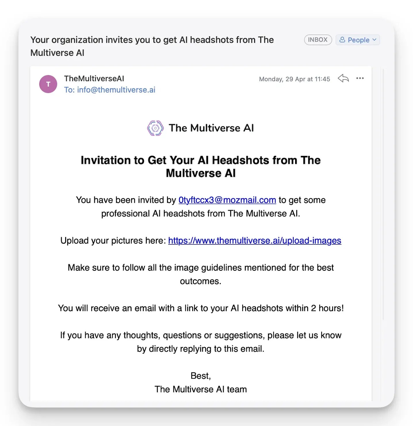 Email invitation to get your AI headshots from the Multiverse AI