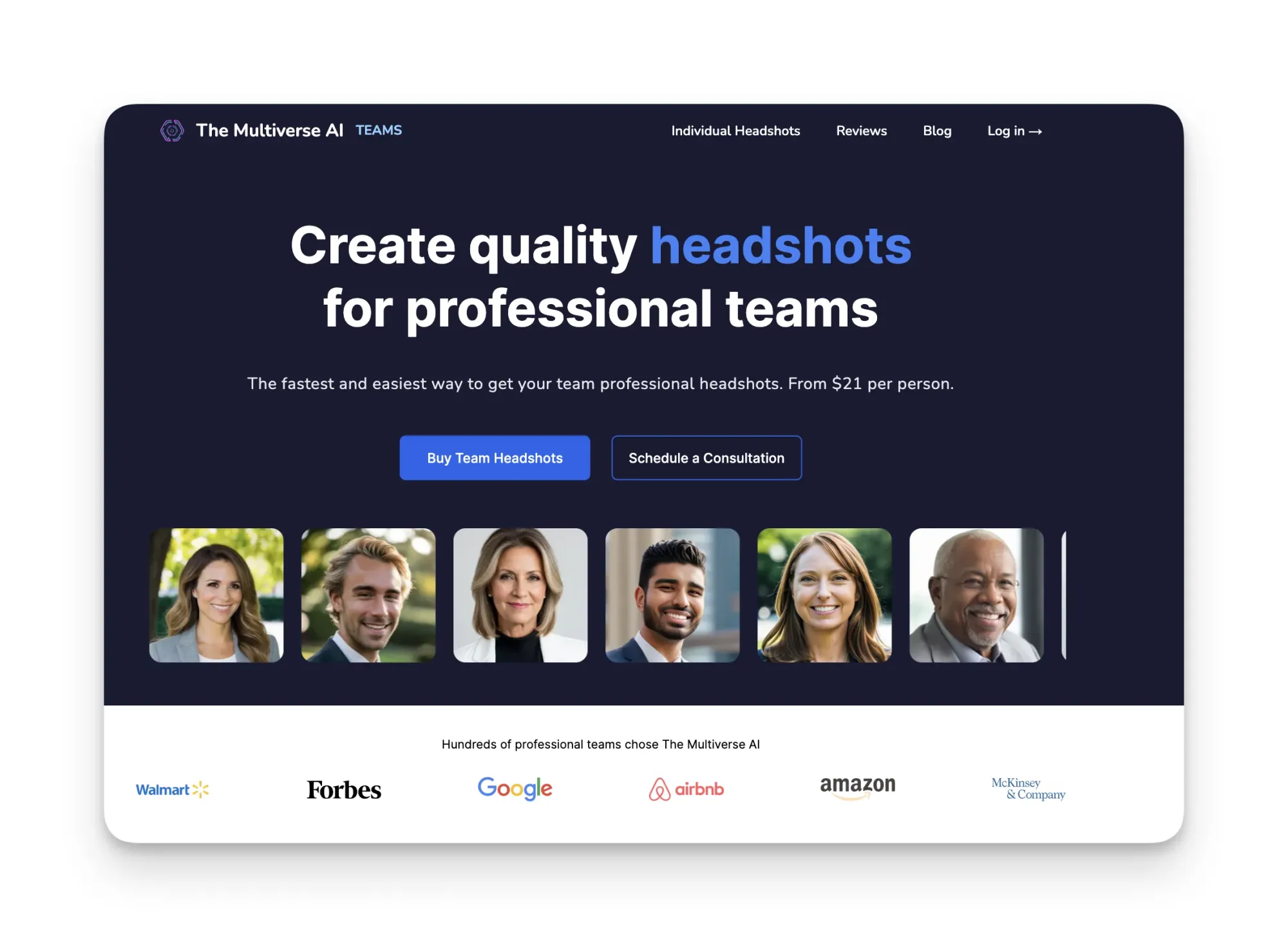 The Multiverse AI for teams is an AI headshot generator for teams