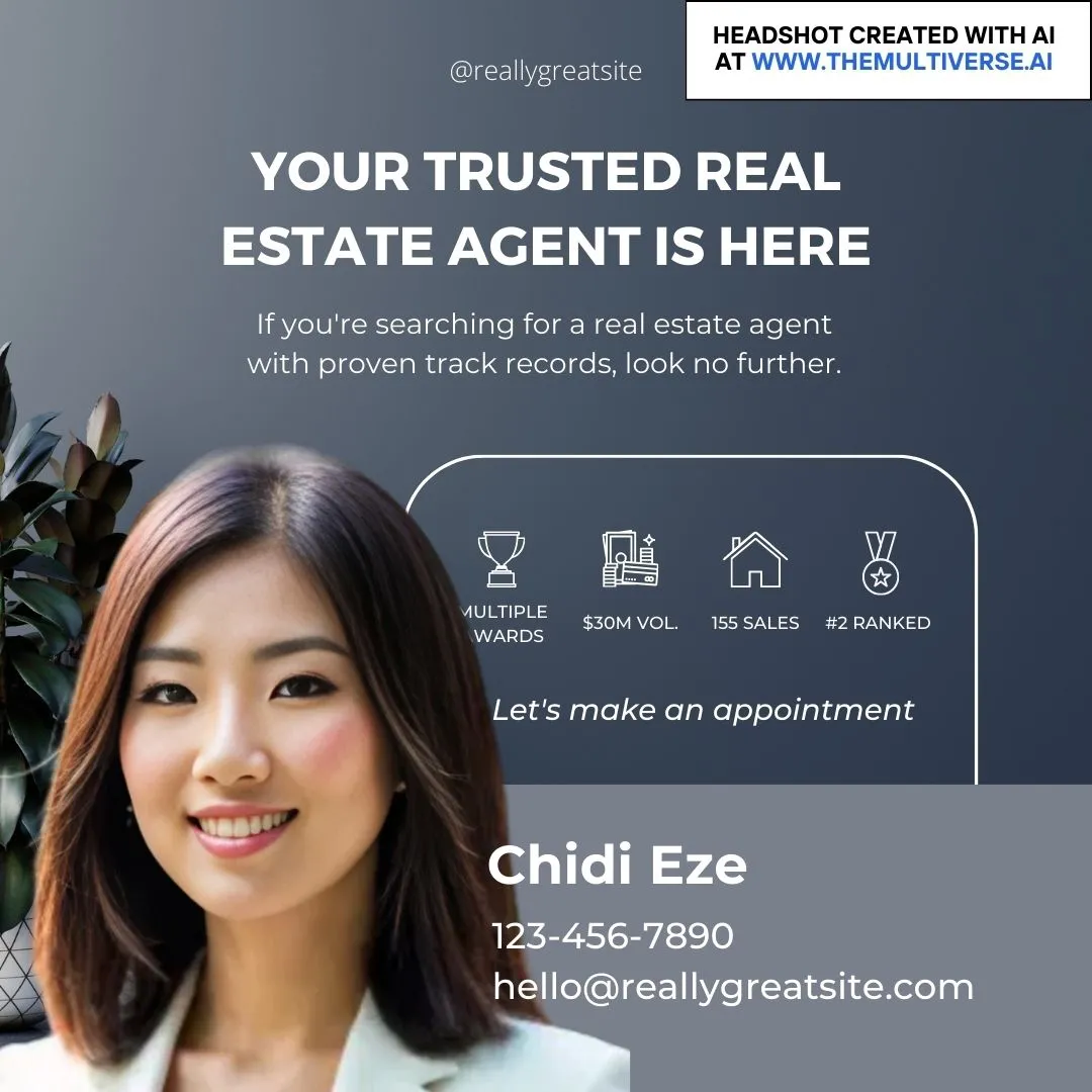 Example of a real estate ad with an AI-generated headshot from the Multiverse AI