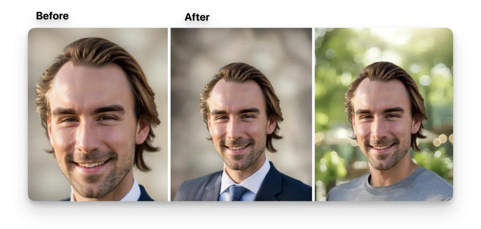 On the left we see the AI headshot that was generated first. On the right, that AI portrait has been zoomed out with AI Zoom Out. The photo next to it has also done an AI Background Change and AI Outfit Change for the final result.