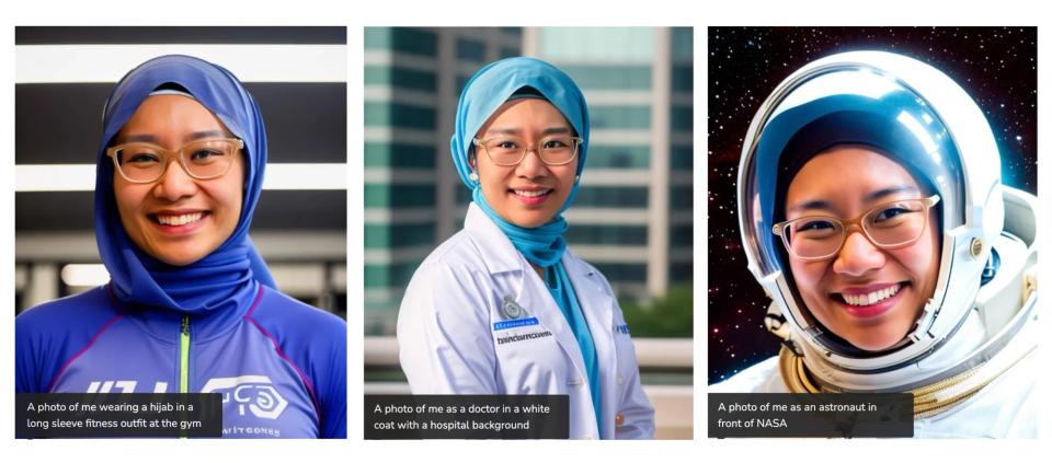 Three photos of the user along with the custom prompts, depicting her as a fitness trainer, doctor, and an astronaut.