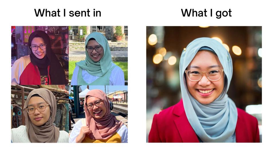 Photos I uploaded (left) versus an AI-generated headshot (right).
