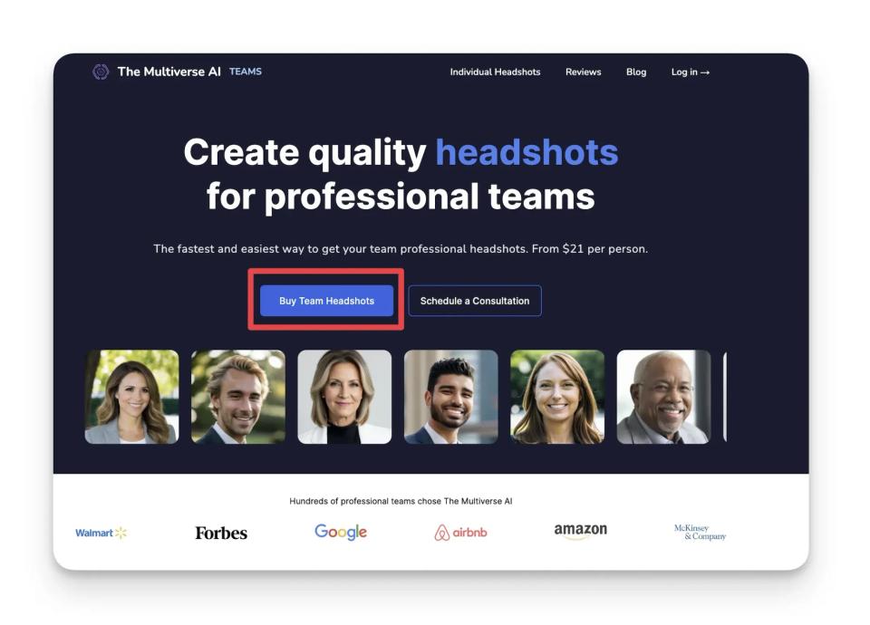 Click on "buy team headshots" on AI headshot generator The Multiverse AI for Teams