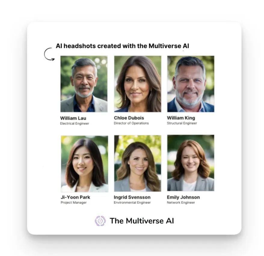 Corporate headshots for teams created with AI headshot generator the Multiverse AI