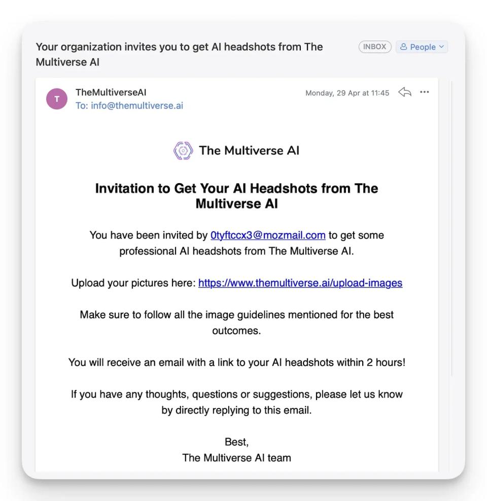 Email invitation to get your AI headshots from the Multiverse AI