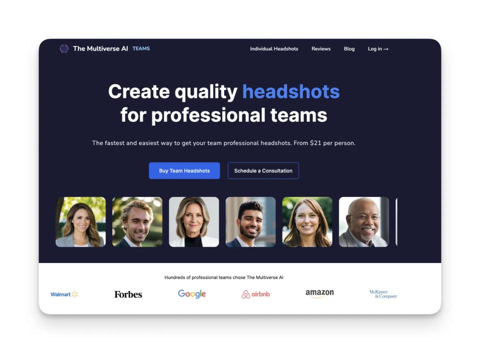 The Multiverse AI for teams is an AI headshot generator for teams
