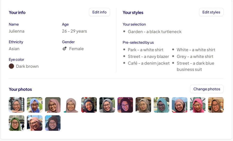 A screenshot of the user's uploaded images for HeadshotPro, along with her age, ethnicity, gender, and eye color.