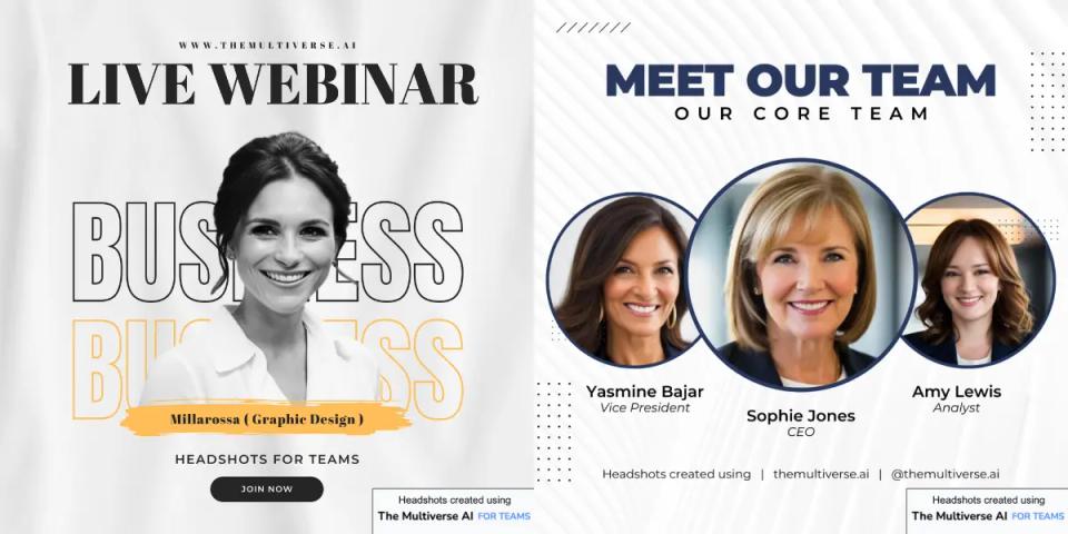 Samples: AI-generated meet the team galleries, events, keynote speaker flyers, and more. All created with the Multiverse AI for Teams