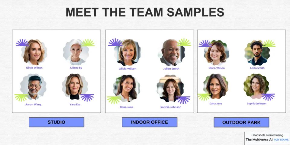 Meet the team samples: it's easy and convenient to create a meet the team gallery with the Multiverse AI for teams