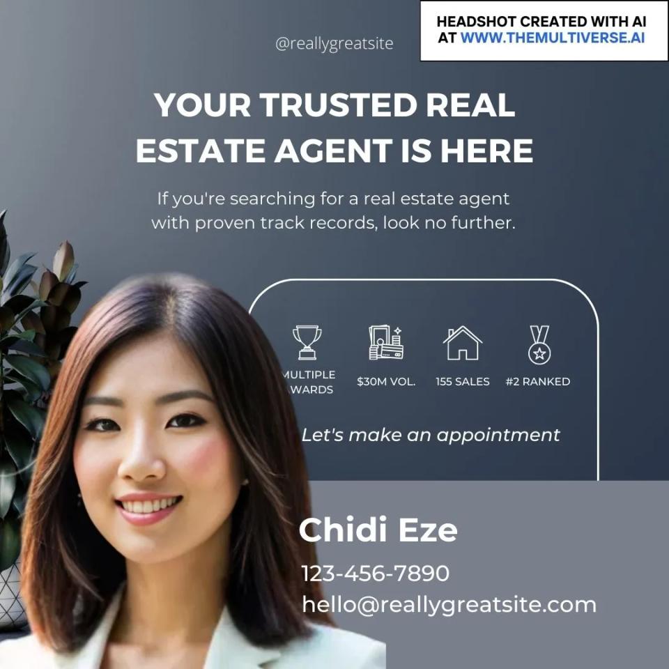Example of a real estate ad with an AI-generated headshot from the Multiverse AI